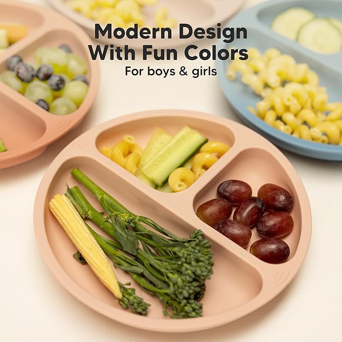 KeaBabies Suction Plates for Baby, Toddler - 3-Pack 100% Silicone Toddler Plates with Suction, Divided, BPA-Free Baby Led Weaning Essentials for Kids, Dishwasher, Microwave Safe, Durable (Forest)