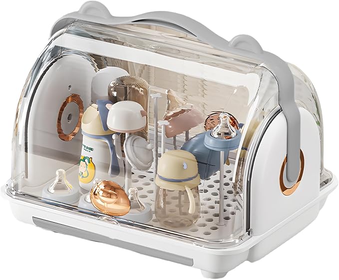 Baby Bottle Drying Rack Storage, Nursing Bottle Storage Box Organizer with Cover, Portable Kitchen Cabinet Organizer, Durable countertop Dryer (Grey)
