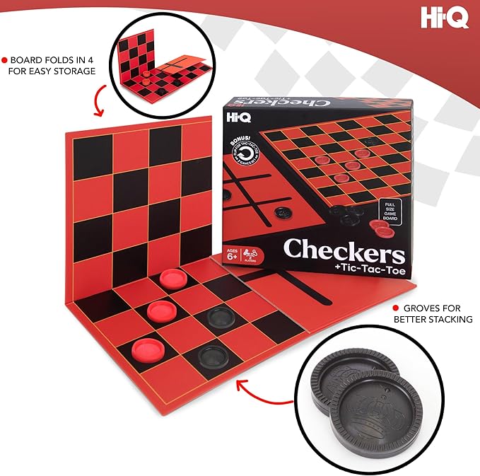 HI-Q Checkers & Tic-Tac-Toe Board Game for Kids: Unleash The Fun with Interlocking Pieces & Quality Game Board with Foldable Design