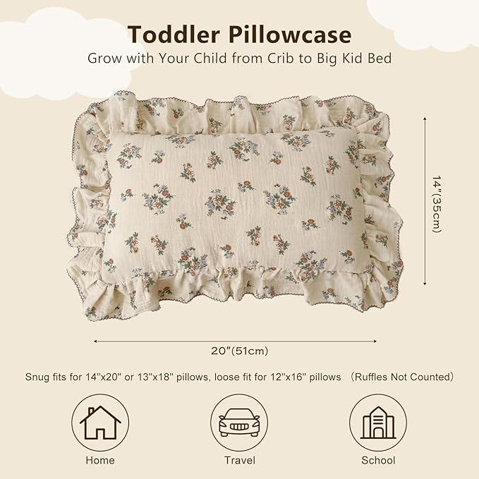 BuLuTu 2 Layers Muslin Toddler Pillowcases Fits for Crib Cot Cradle, Cotton Floral Pillow Cases for 1 2 3 4 5 6 Years Old Girls Boys, Envelope Travel Toddler Pillow Cover Protector with Ruffles