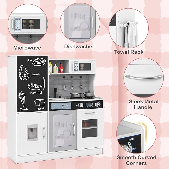 HONEY JOY Upgrade 39 in Kids Kitchen Playset, Large Wooden Little Chef Pretend Toy Kitchen Set w/Chalkboard, Telephone, Utensils, Oven, Microwave, Sink, Storage, Play Kitchen for Toddlers (White)