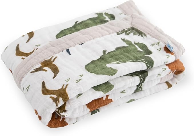 Little Unicorn Newborn Receiving Quilt | Ultra- Soft, Multi-Layered Muslin Fabric | Gift for Newborns & on-The-go (Dino Friends)