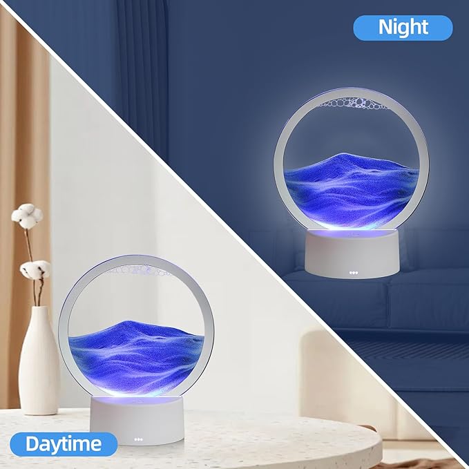 Moving Sand Art Liquid Motion, 3D Deep Sea Sandscape Color Quicksand Decor, Round Glass Moving Sand Art Picture Relaxing Desktop Home Office Work Decor (Blue, 6 inch)