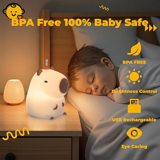 LED Squishy Animal Night Light - 2 Level Dimmable Nursery Lamp for Kids, Rechargeable Touch Lamp, Cute Dorm Decor - Perfect Baby Boys Girls Gift (Kapibala)