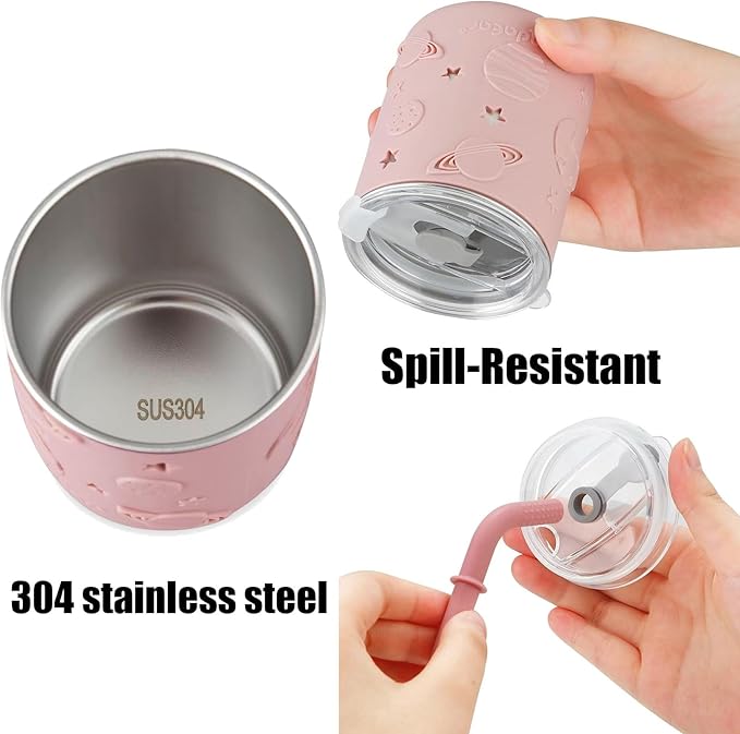 PandaEar Stainless Steel Baby Feeding Set | 2 Divided Suction Plates, 2 Spill-Proof Straw Cups with Silicone Sleeves, 2 Forks & 2 Spoons | Toddler Utensils for Baby Led Weaning, BPA-Free