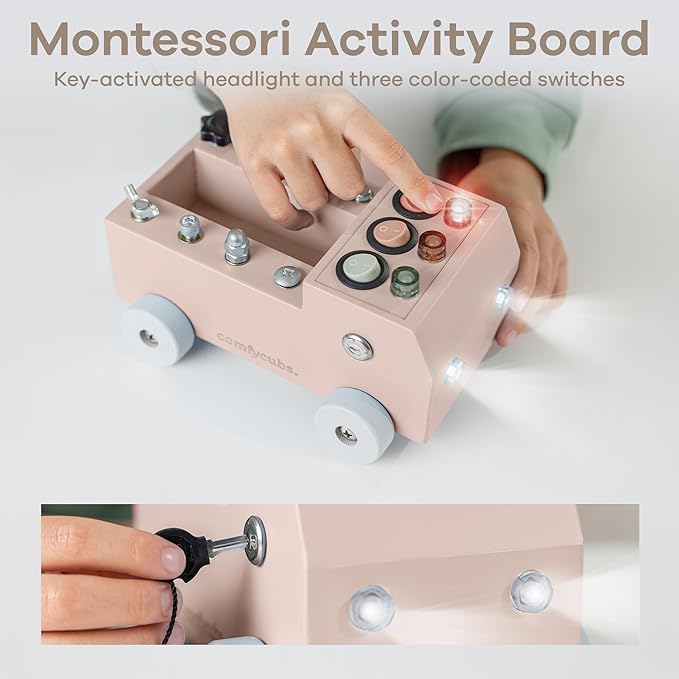 Comfy Cubs Busy Board Toy Truck Set - Fun & Noise-Free, Pine Wood Activity Board for Toddlers with LED Light Switch - Designed in The US, Focused & Engaging Montessori Play for Kids 3+ (Blush)