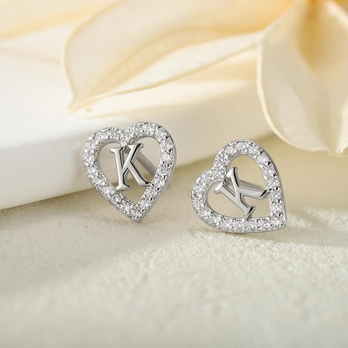 Anoup Christmas Gifts for Grandkids Girls Earrings - S925 Sterling Silver Post CZ Hypoallergenic Stud Heart Initial Earrings for Women Kids Jewelry Stocking Stuffers for Teen Girls Birthday Gifts