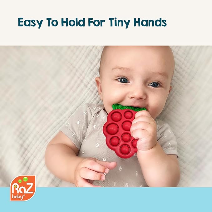 RaZbaby RaZberry Pop Strawberry Teether – Multi-Textured Silicone for Sensory Development & Teething Relief – Easy to Hold for Small Hands – Soft BPA-Free Design for Babies 3 Months+, Red/Green