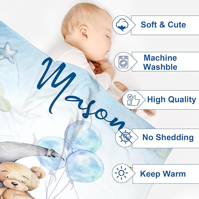 J&SBGFT Personalized Baby Blanket for Boys - Custom Name Receiving Blanket for Toddlers, Kids - Nursery, Stroller, Crib Decor Throw With Sleeping Bear