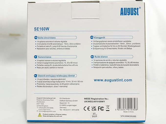 Portable White Noise Sound Machine - August SE160 - Calming, Ambient Sleep Therapy - 14 Soothing Sounds for Babies, Children, Adults - Sleep Aid with Timer - 60-Hour Battery - USB-C Charging - White