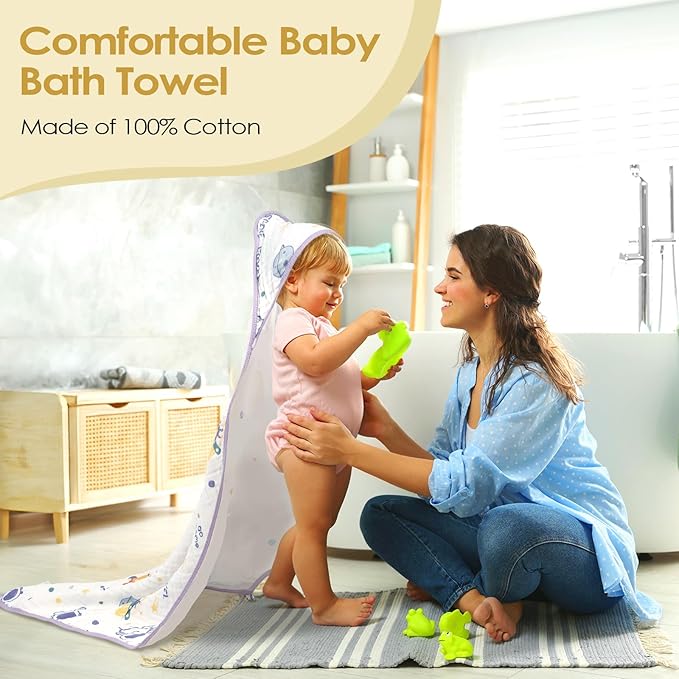 Baby Bath Towels 100% Muslin Cotton Hooded Baby Towels 2 Pack Shower Gifts for Newborn, Infant, Toddler, Kids,Super Soft and Absorbent, Large 35x35Inches