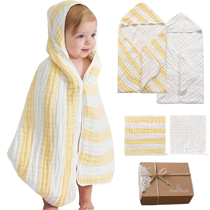 Muslin Hooded Baby Towel 4 Pack, Preuim Muslin 6 Layers Natural Cotton Baby Bath Towels, Soft and Comfortable for Boys,Girls (32 x 32, Yellow Striped and White)