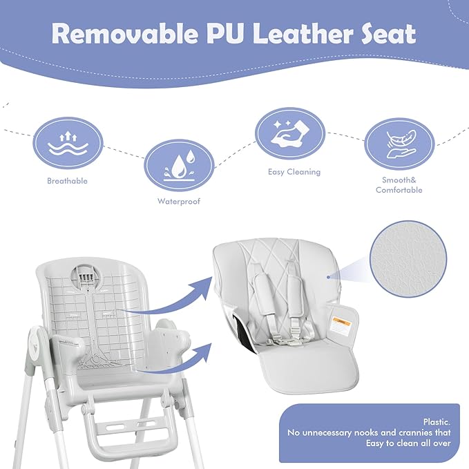 4 in 1 High Chairs for Babies and Toddlers, Convertible Foldable Baby High Chairs, Feeding and Eating Seat Highchair with 4 Levels of Recline and 7 Levels of Height Adjustment, Gray