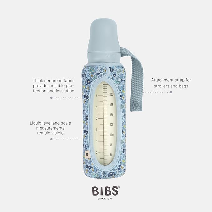 BIBS x Liberty Baby Bottle Cover Large 225ml - Neoprene Protective Cover for BIBS Bottles - Liberty Print Design, Large, Charmomile Lawn Baby Blue