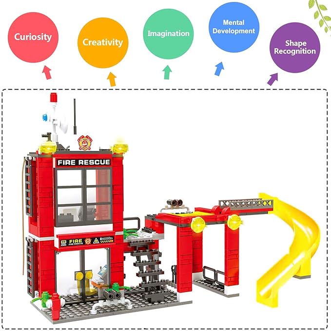 Liberty Imports 580 PCS City Fire Station Building Blocks Set - Marine Fire Rescue Toy Bricks Kit with Emergency Firefighter Patrol Ships & Helicopter - Storage Box with Baseplates Lid for Kids