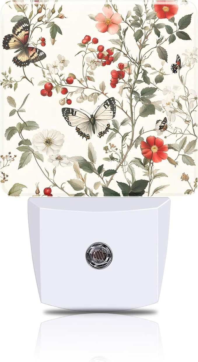 Vintage Flower and Butterfly Night Light, Plug-in Nightlight with Dusk to Dawn Auto Sensor for Home Bedroom Hallway Kitchen 0.5W Sleep Friendly Led Lamp for Women Men