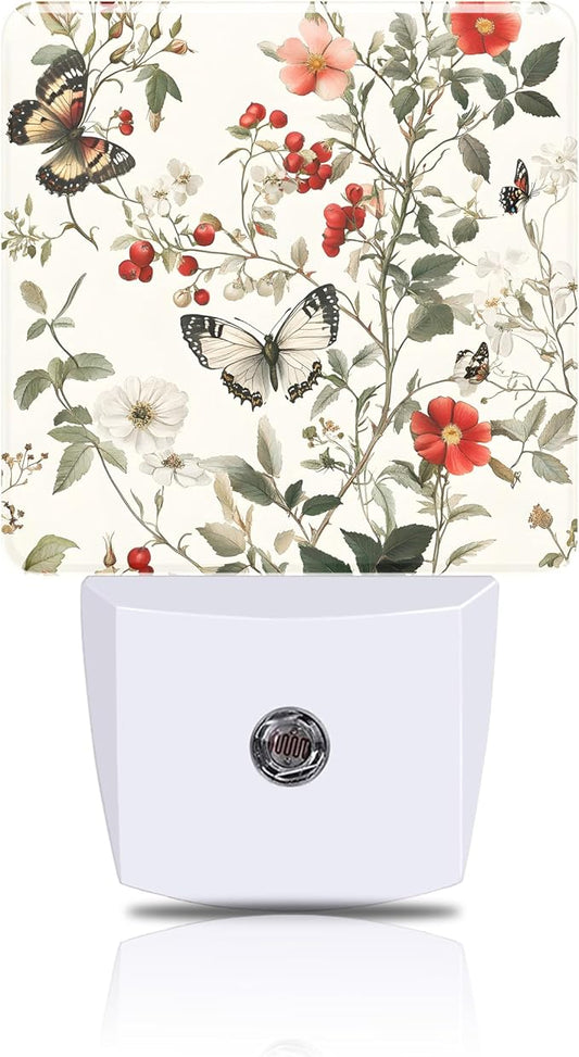 Vintage Flower and Butterfly Night Light, Plug-in Nightlight with Dusk to Dawn Auto Sensor for Home Bedroom Hallway Kitchen 0.5W Sleep Friendly Led Lamp for Women Men