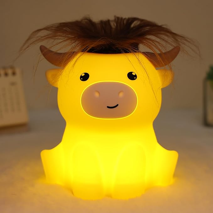 Highland Cow Night Light, Cute Animal Silicone Touch Cow Lamp, Highland Cow Gifts for Boys Girls Women Christmas, Dimmable Soft Glow Bedside Lamp for Nursery Bedroom Decor
