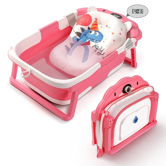 Baby Bathtub,Collapsible Baby Bath Tub with Thermometer & Soft Floating Cushion,Portable Travel Baby Bathtubs for Newborns to Toddlers 0-36 Months(Bear Pink)