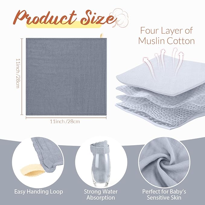 Preboun 6 Pcs Muslin Hooded Baby Towels and Washcloths 32"x 32" Cotton Newborn Bath Towel Anti-Shrink Infant Baby Blankets with Hood 12"x 12" Washcloths for Girl Boy Toddler(Blue,Light Purple)