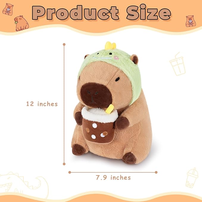 Achwishap Capybara Plush,Cute Plushies Capybara Stuffed Animals,Capybara Plush Toys,Kawaii Plushie Stuffed Toy with Dinosaur Hat Plushies Gift for Kids Adults Birthday(Capybara with Dinosaur Hat,12”)