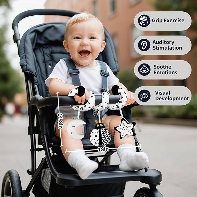 TSYAN Car Seat Toys for Babies 0-6 Months,Hanging Rattle Toys for Crib Mobile, Baby Spiral Hanging Stroller Black and White High Contrast Toys for Newborn 0 3 6 9 12 Months Baby Boys Girls (Bug)