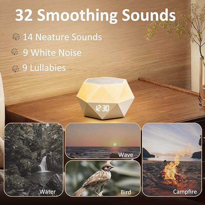 Sound Machine with Light, Portable Sleep White Noise Machine with 8 Colors Night Light, Mini Polygonal Geometric Design APP Control Alarm Clock with 32 Natural Soothing Sounds for Baby Kids Adults