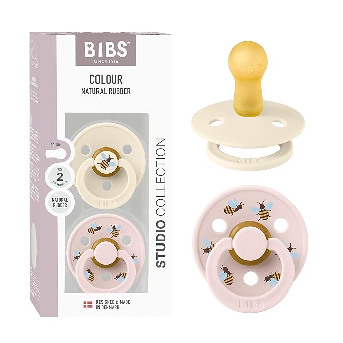 BIBS Studio Soother 2-Pack, BPA Free Dummy Pacifier, Round Nipple. Natural Rubber Latex, Made in Denmark, Size 2 (6-18 Months), Ivory/Petal