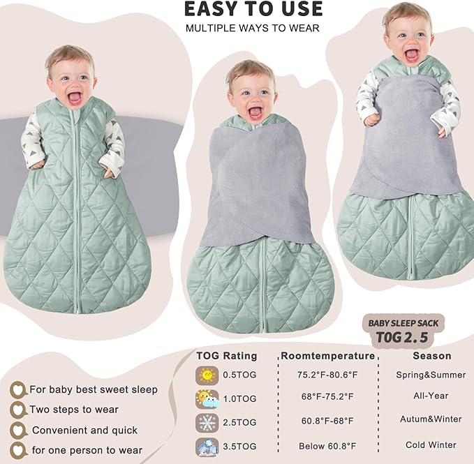 Newborn Sleep Sack Baby Swaddle,3-Way Adjustable Wearable Blanket,Swaddling Sleeping Bag,TOG 2.5 (Green, 6-12 Months)