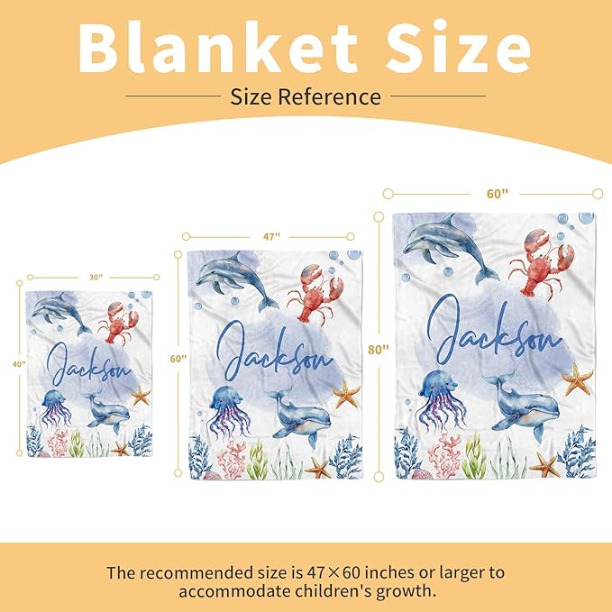 Custom Sea Animals Baby Blanket with Name, Personalized Baby Name Blanket for Toddler Infant, Double Layer Receiving Swaddle, Customized Gifts for Newborn Shower Birthday Expect Mom(60"x80")