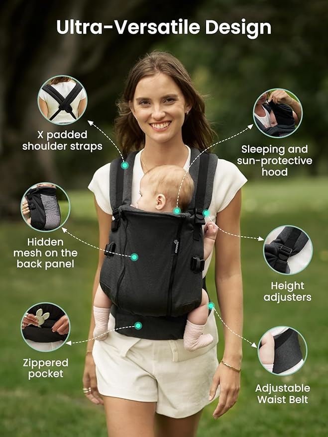GROWNSY Baby Carrier, All Season Design with Adjustable Mesh Panel, Ergonomic Infant Carrier Wraps with Lower & Upper Buckle, Newborn to Toddler (7-44lbs), Baby Carriers, Hands-Free Parenting, Black