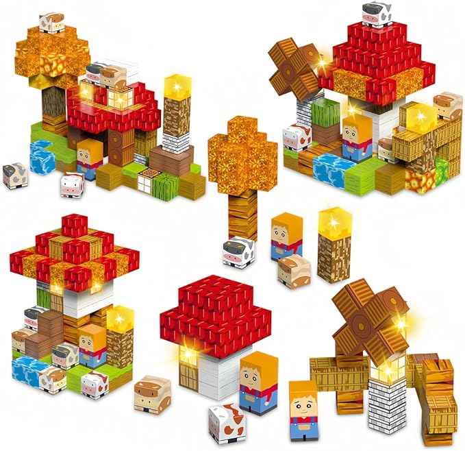 100 Pcs Magnetic Building Blocks, Enhance STEM Learning, Creative Play & Logical Thinking, Durable & Vibrant Color with Light Up Blocks, Ideal for Classroom & Screen-Free Entertainment (Farm)