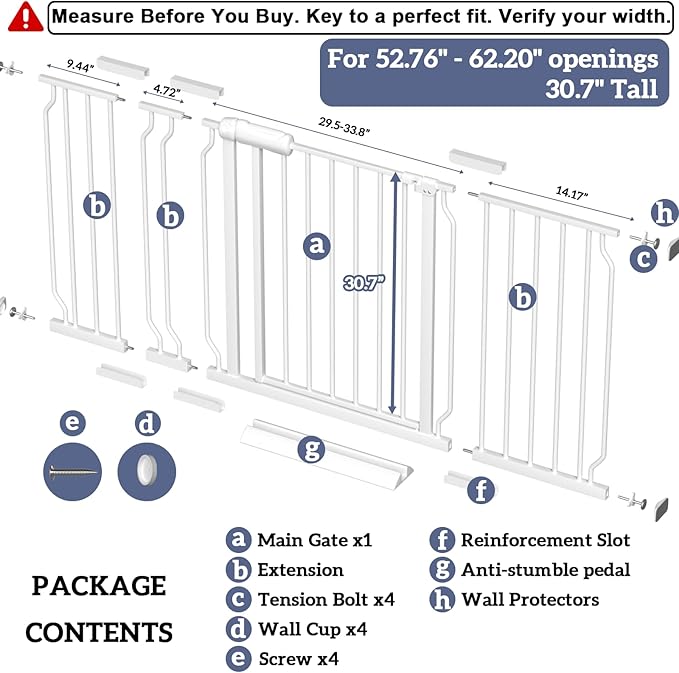Extra Wide Baby Gates for Doorways 52.76"-62.20" Extra Wide Baby Gate Dog gate Pressure Mounted No Drilling with Walk-Through, Auto-Close & Dual-Direction Swing for Large Wide Opening White