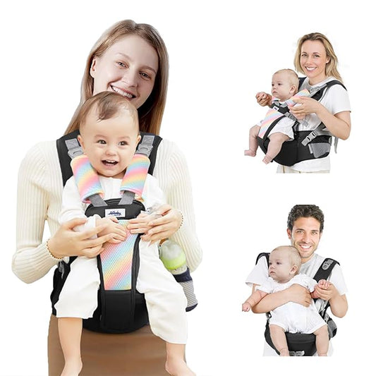 AIBABY Baby Carrier - Adjustable & Detachable Hip Seat, Ergonomic Lumbar Support, Breathable Airflow Design, Hands-Free Infant Carrier for Newborn to Toddler (7-44 lbs), All Seasons (Black)
