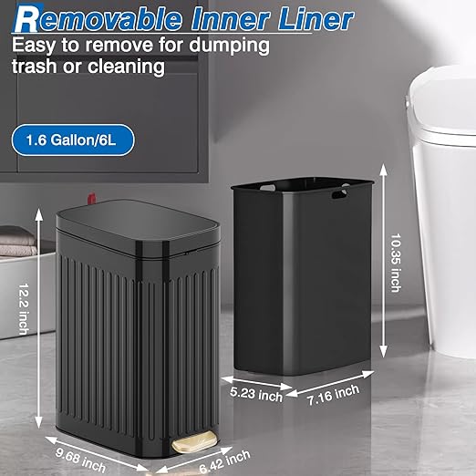 Small Bathroom Trash Can with Air Freshener Soft Close Lid, 6 Liter/ 1.6 Gallon Stainless Steel Garbage Can with Removable Inner Bucket, Step Pedal, Slim Wastebasket for Bedroom, Toilet, Office,Black