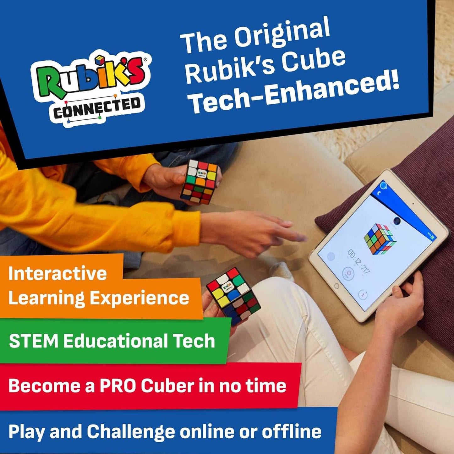 The Original Rubik’s Connected, Go from Beginner to Pro in No Time. 3x3 Smart Magnetic Intelligent Speed Cube. User Friendly App & Online Battles. Rechargeable Battery. STEM Puzzle. Fits All Ages