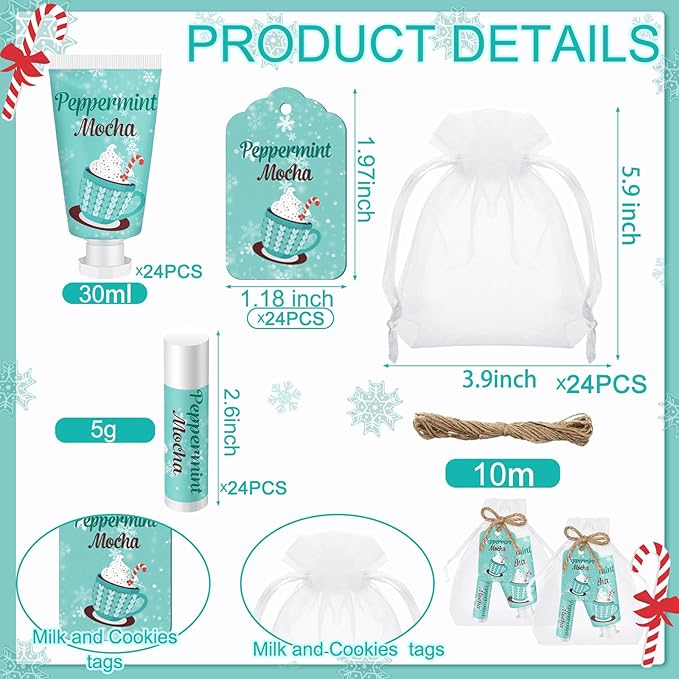 24 Sets Hand Cream and Lip Balm Gift Bridal Baby Shower Party Supply Travel Size Hand Lotion and Lip Balm Bulk with Organza Bag and Tag Wedding Baby Shower Party(Mint,Peppermint Mocha)