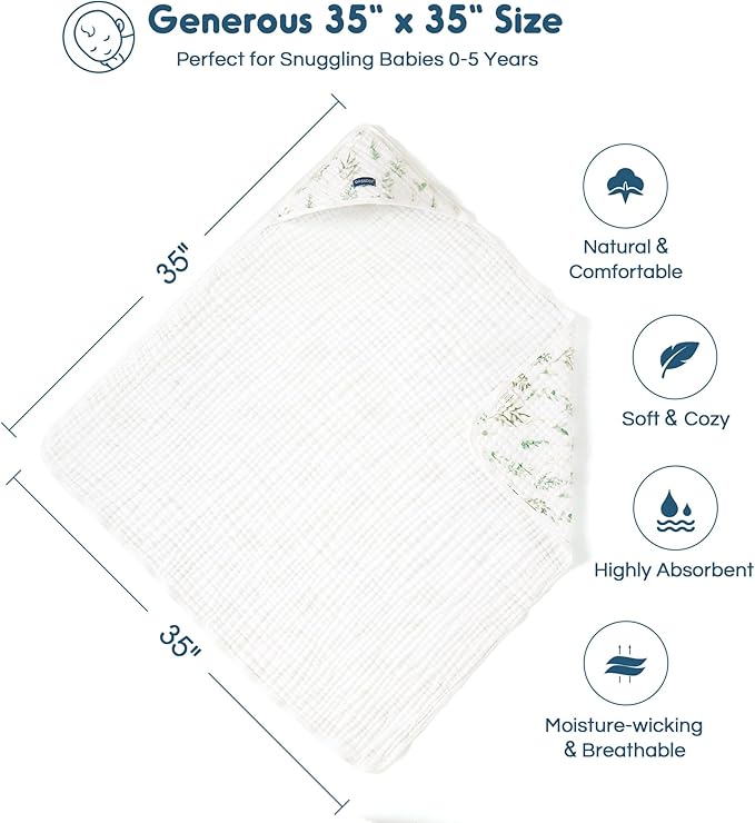 GRSSDER Ultra Soft Absorbent Muslin Cotton Baby Hooded Towel 2 Pack with Original Patterns, Extra Large Size 35"x 35" Swaddle Wrap for Newborn Infant and Toddler