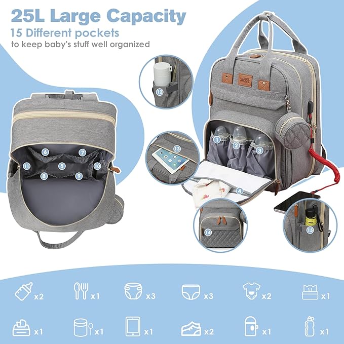 Diaper Bag Backpack, Large Diaper Bag with Changing Station, Baby Bag, New Mom Gifts, Lightweight Waterproof Unisex Diaper Bag with Insulated Pockets and USB Charging Port, Grey