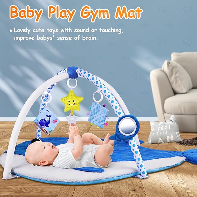 Baby Play Gym & Activity Mat,Oversize Whale Shaped Baby Play Mat w 6 Detachable Toys,Tummy Time Mat Promote Motor Skills & Sensory Development Mat, Newborn Infant Baby Essentials Gift