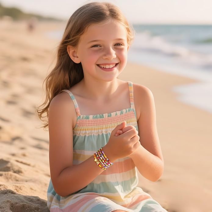 M MOOHAM Stocking Stuffers for Kids Girls Teen - 5PCS Colorful Beaded Initial Bracelets for Women Girls, Cute Stretch Heart Letter Bohemian Stackable Bracelet Birthday Gifts Jewelry for Kids Teen Girl