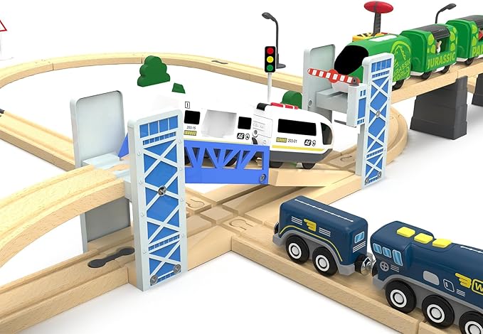 Z MAYABBO Wooden Train Set Accessories Wood Railway Bridge for Railroad Tracks, 2-Level Overpass Compatible for All Railway Tracks System