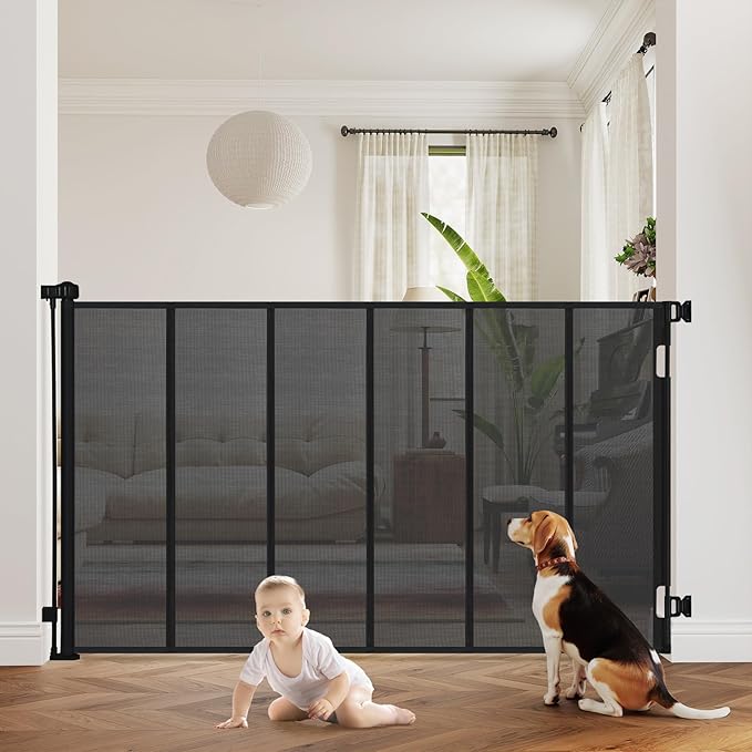 47” Extra Tall Retractable Baby Gate, Reinforced Mesh Dog Gate Extends to 71" Wide, Baby Gate for Stairs, Doorways, Hallways, Indoor and Outdoor, Black