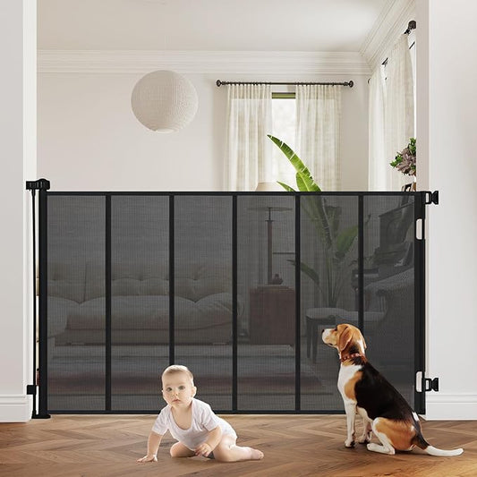47” Extra Tall Retractable Baby Gate, Reinforced Mesh Dog Gate Extends to 71" Wide, Baby Gate for Stairs, Doorways, Hallways, Indoor and Outdoor, Black