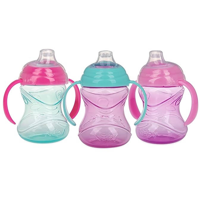 Nuby Clik-It Grip N' Sip Soft Spout No-Spill Training Sippy Cup with Handles -10 oz - 4+ Months - Aqua/Purple/Pink (Pack of 36)