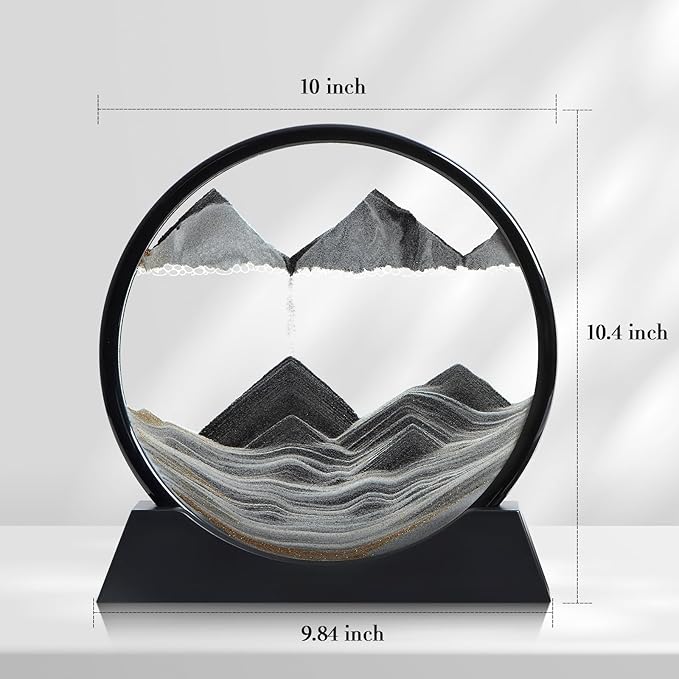 Moving Sand Art Liquid Motion, 3D Deep Sea Sandscape Color Quicksand Decor, Round Glass Moving Sand Art Picture Relaxing Desktop Home Office Work Decor (Black, 12 inch)