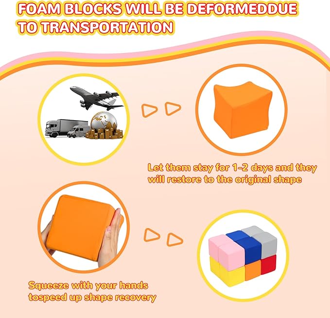 Foam Blocks for Toddlers, 12 Pieces Soft Building Blocks for Kids, Large Foam Cubes Colourful Stacking Block Sets - Throw & Play Toys with Washable Cover(Pink, Dark Blue, Yellow, Orange, Red, Gray)