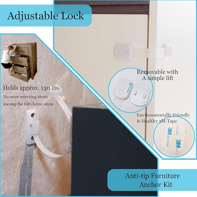 66 Pack Baby Proofing Kit | 12 Hidden Cabinet Drawer Locks, 8 Adjustable Latches, 26 Outlet Covers, 16 Corner Guards, 2 Anti Tip Furniture Anchors Kit, 1 Sliding Door Lock & 1 Door Lever Lock