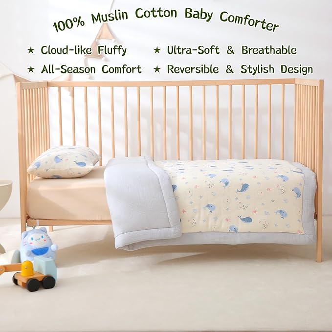 Cotton Muslin Toddler Comforter/Quilt,Ultra Soft & Breathble Muslin Toddler Blanket,All Season Baby Blankets for Boys and Girls, Machine Washable,41"x48"