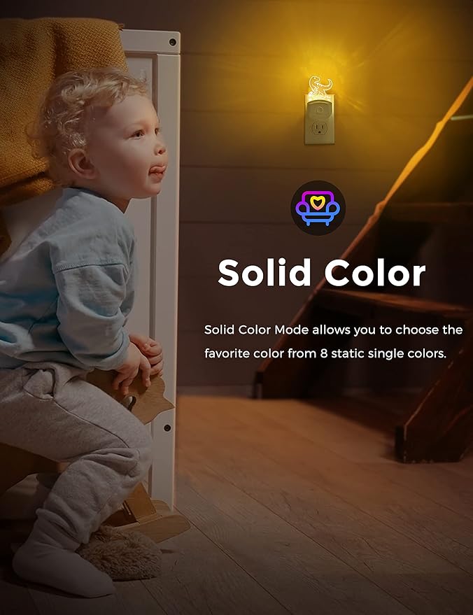 LOHAS Dinosaur Night Light for Boys, Kids Nightlight Plug in, Dusk-to-Dawn, Velociraptor LED Night Lights Plug into Wall, RGB+Soft White 3000K, 3 Lighting Modes, Ideal for Nursery Room, Bedroom Decor